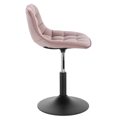 Pink quilted chair with a black base on a white background