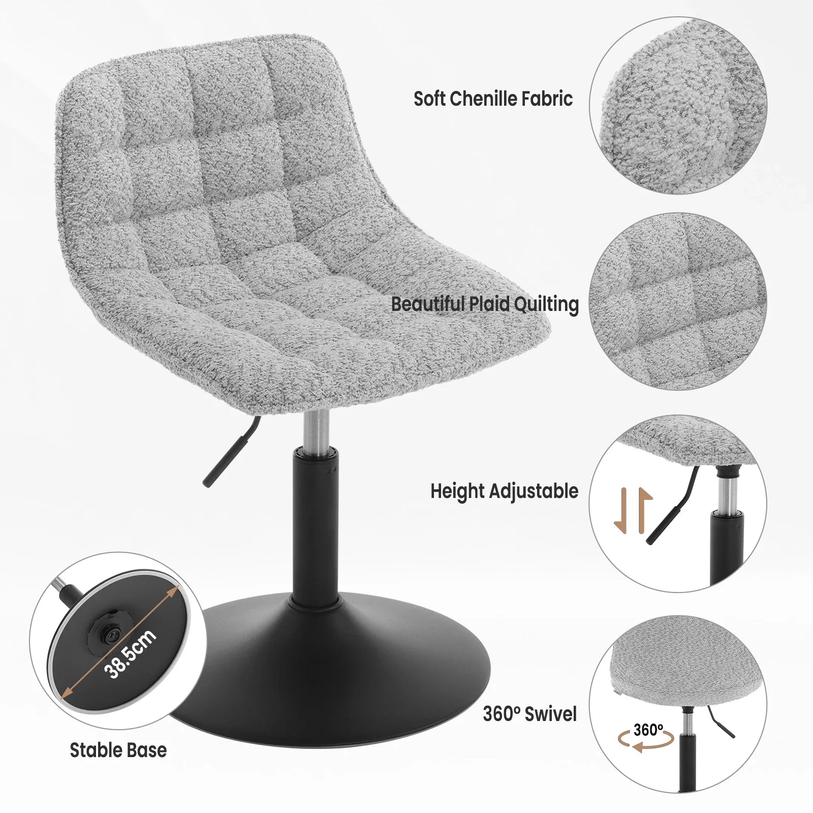 Gray upholstered chair with plaid quilting, height adjustable feature, stable base, and 360-degree swivel on a white background.