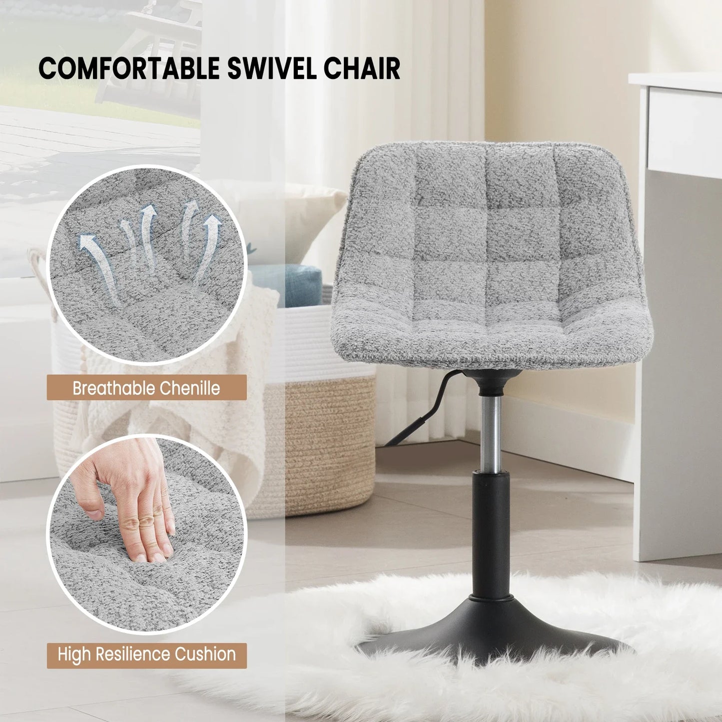 Gray swivel chair with close-up details on comfort features in a home setting.