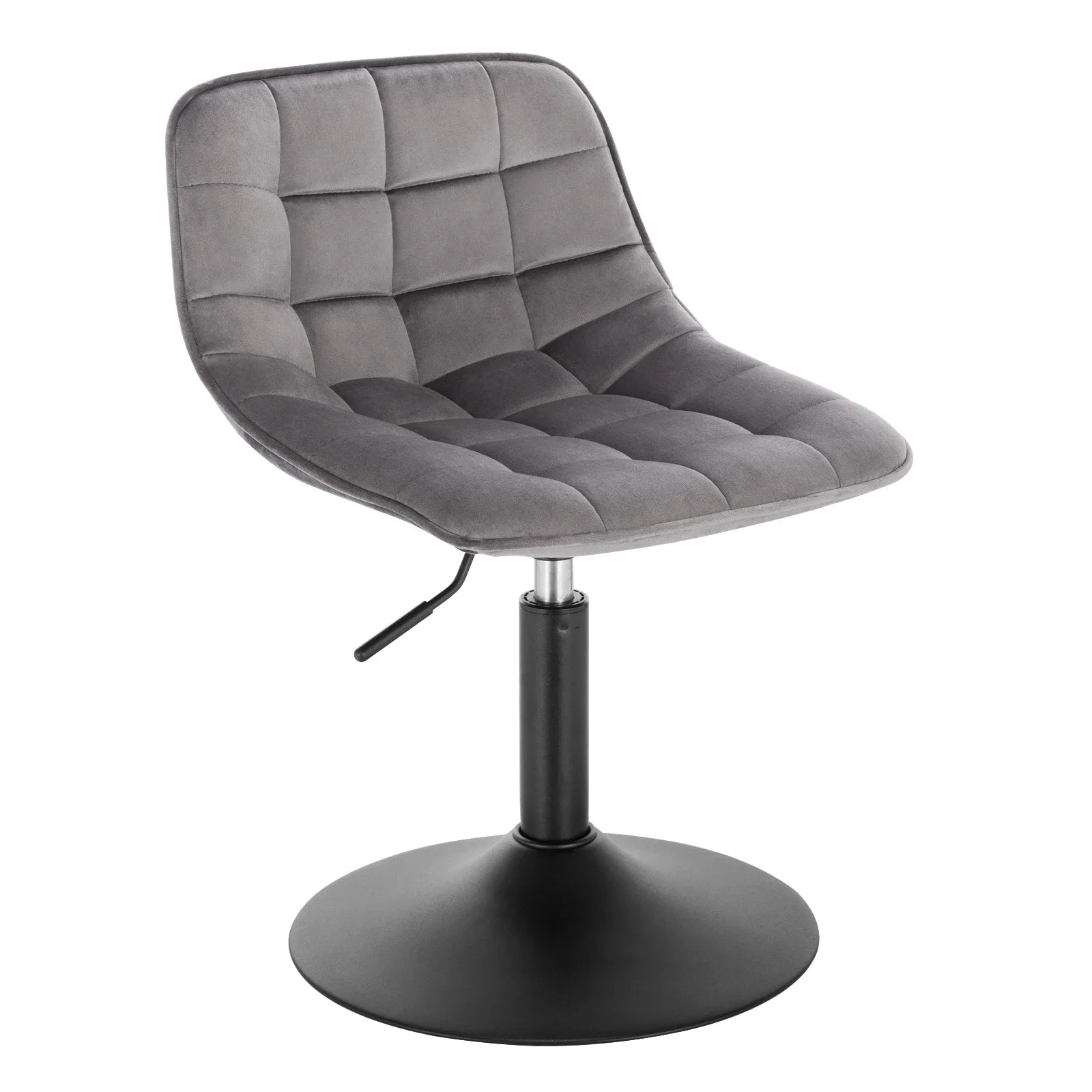 Gray quilted chair with a black swivel base on a white background