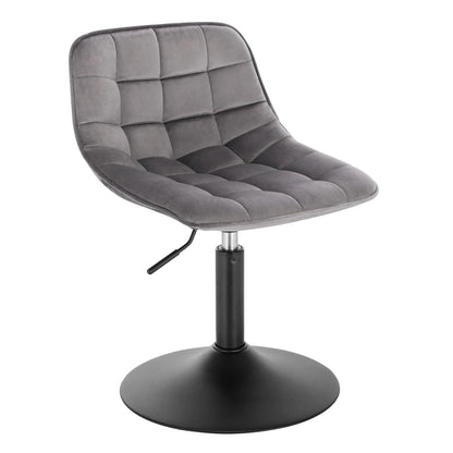 Gray quilted chair with a black swivel base on a white background