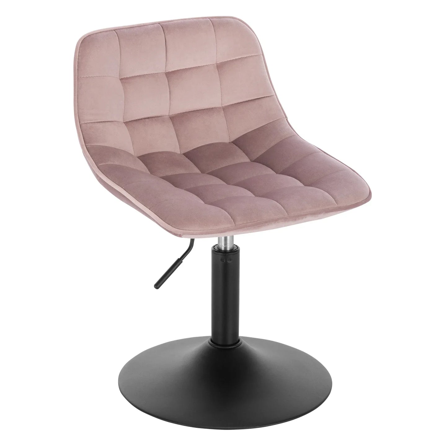 Pink quilted chair with a black base on a white background