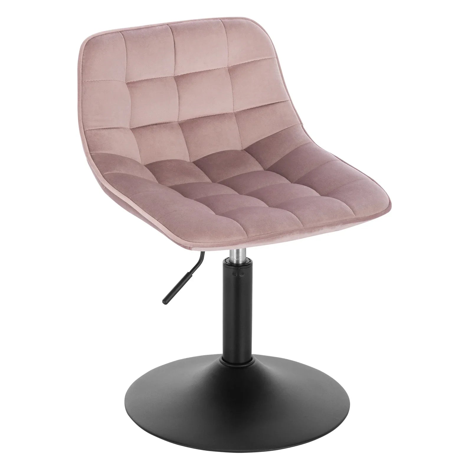 Pink quilted chair with a black base on a white background
