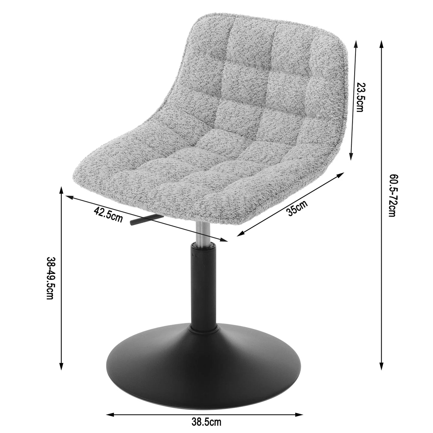 Gray upholstered chair with black base and dimensions on a white background