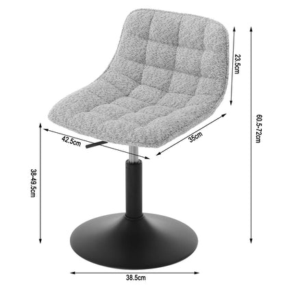 Gray upholstered chair with black base and dimensions on a white background