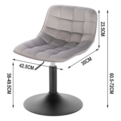 Gray upholstered chair with dimensions labeled on a white background