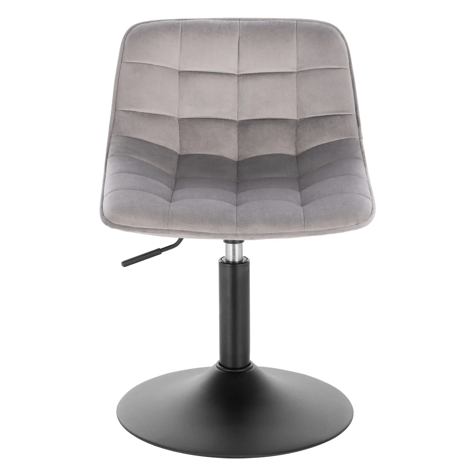 Gray upholstered chair with a black swivel base on a white background