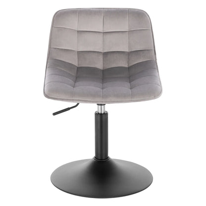 Gray upholstered chair with a black swivel base on a white background