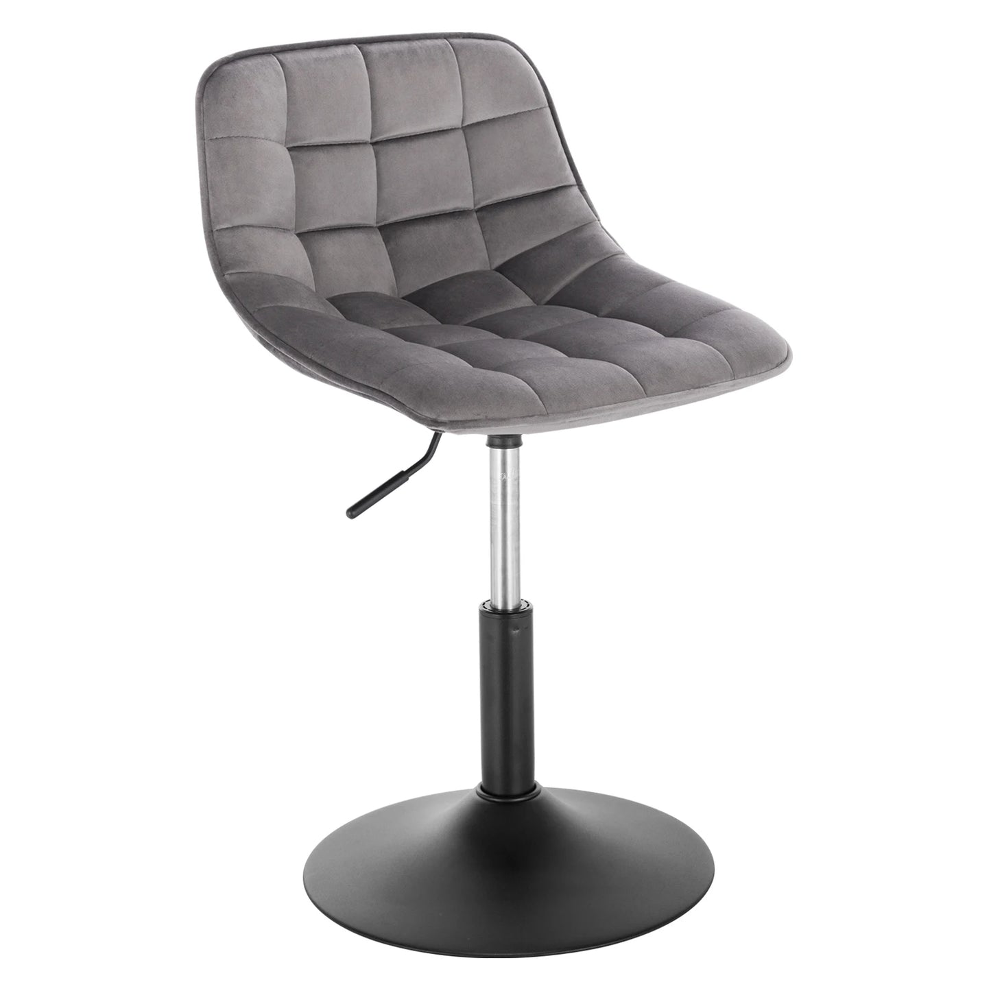 Gray quilted chair with a black base on a white background