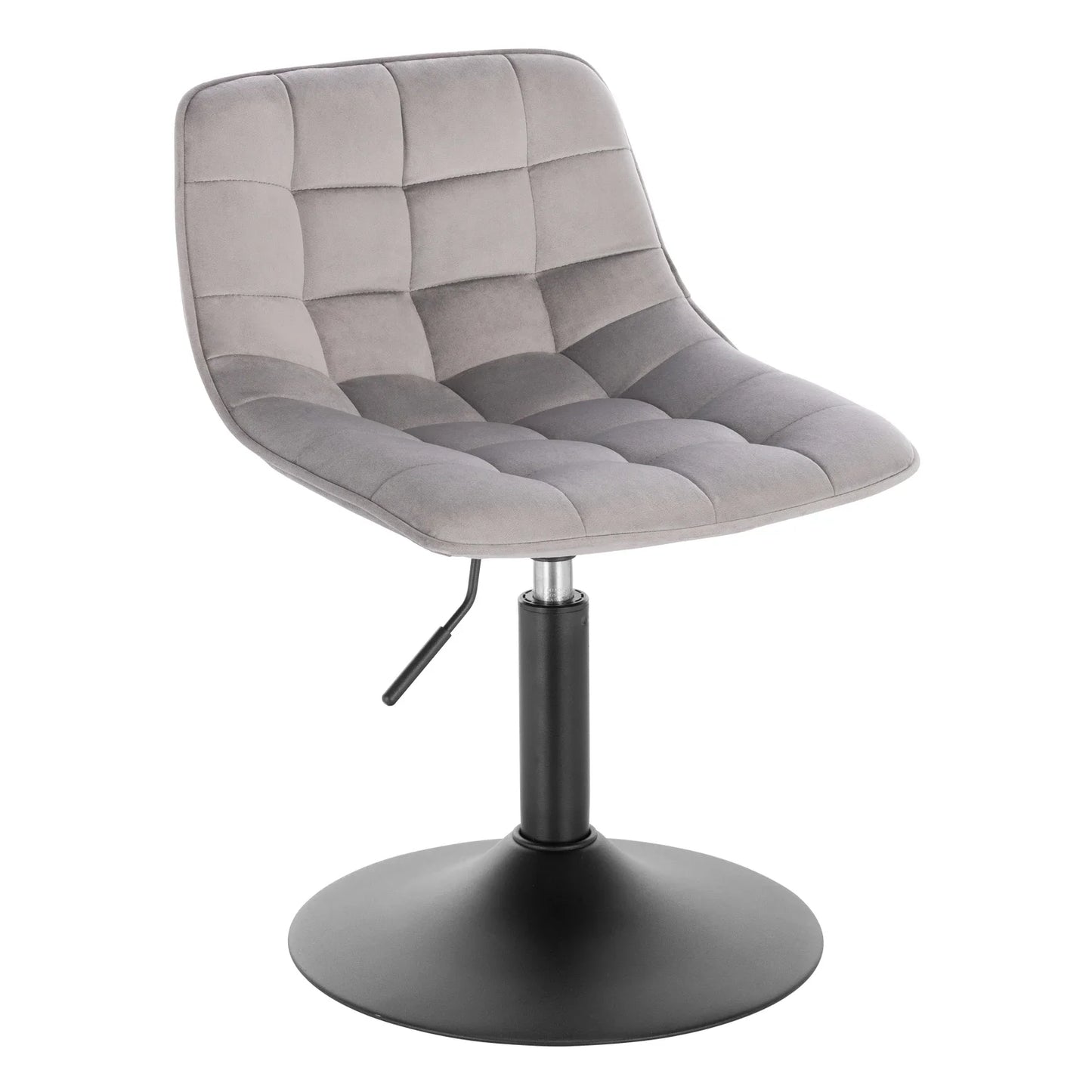 Gray quilted chair with a black swivel base on a white background