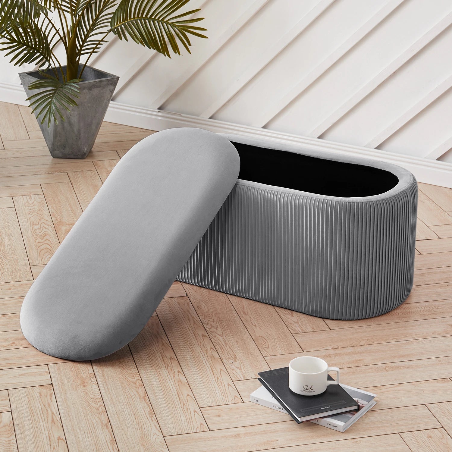 velvet storage ottoman grey