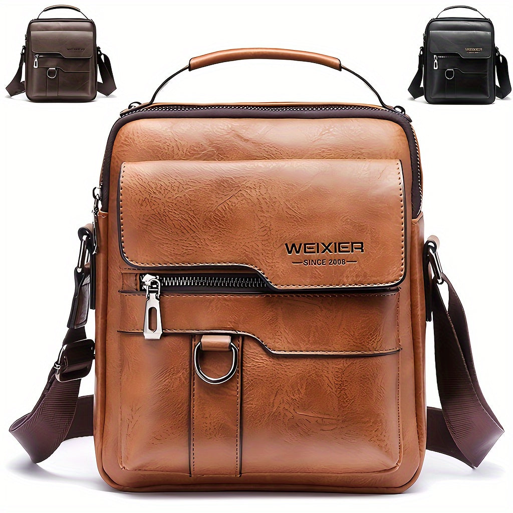 Brown leather bag with visible 'WEIXIER' branding on a white background
