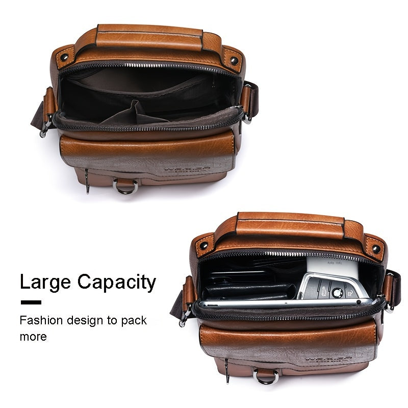 Brown leather bag with open compartments on a white background