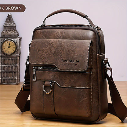 Brown leather bag with visible brand logo on a light background