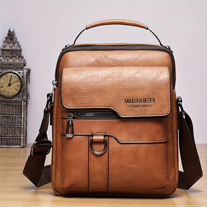 Brown leather crossbody bag with visible brand logo on a light background