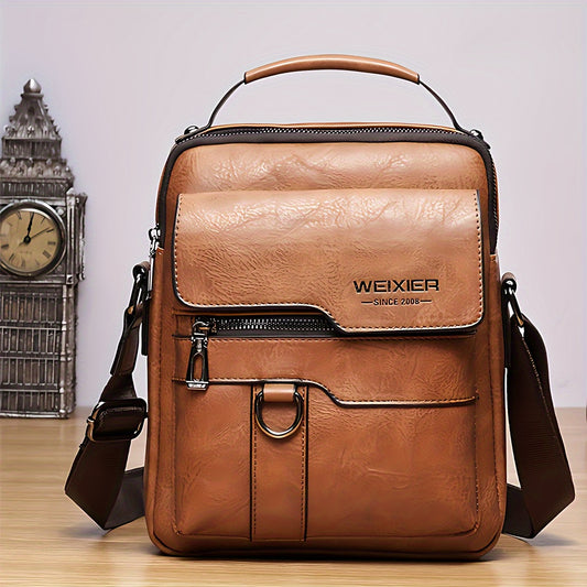 Brown leather crossbody bag with visible brand logo on a light background
