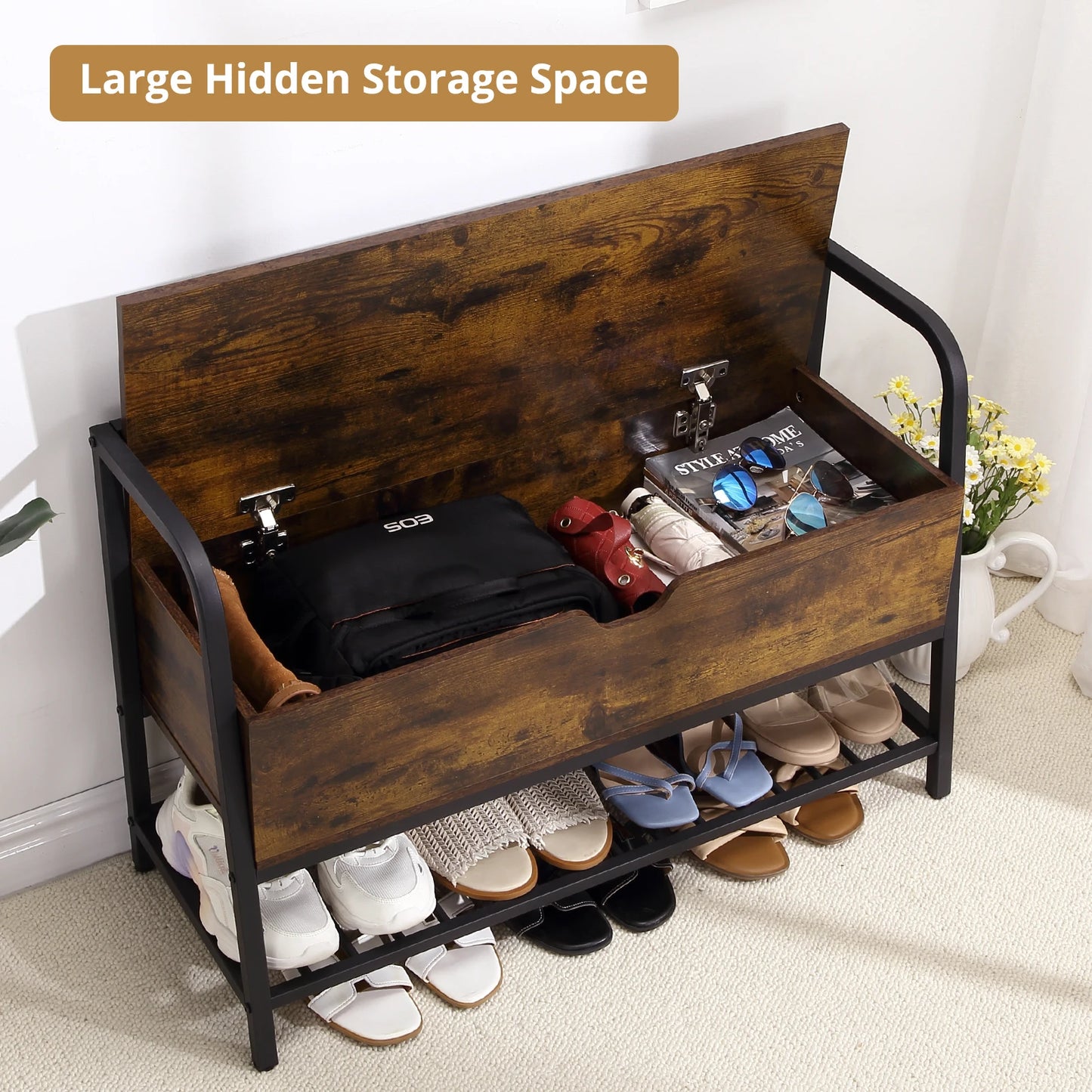 Wooden storage bench with shoes and bags underneath, labeled 'Large Hidden Storage Space'.