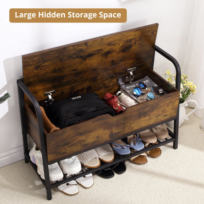 Wooden storage bench with shoes and bags underneath, labeled 'Large Hidden Storage Space'.