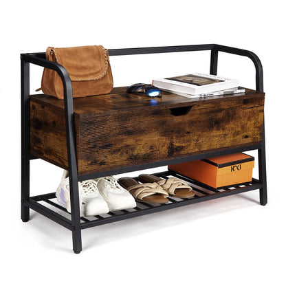 Wooden shoe bench with storage compartment and shoe rack on a white background