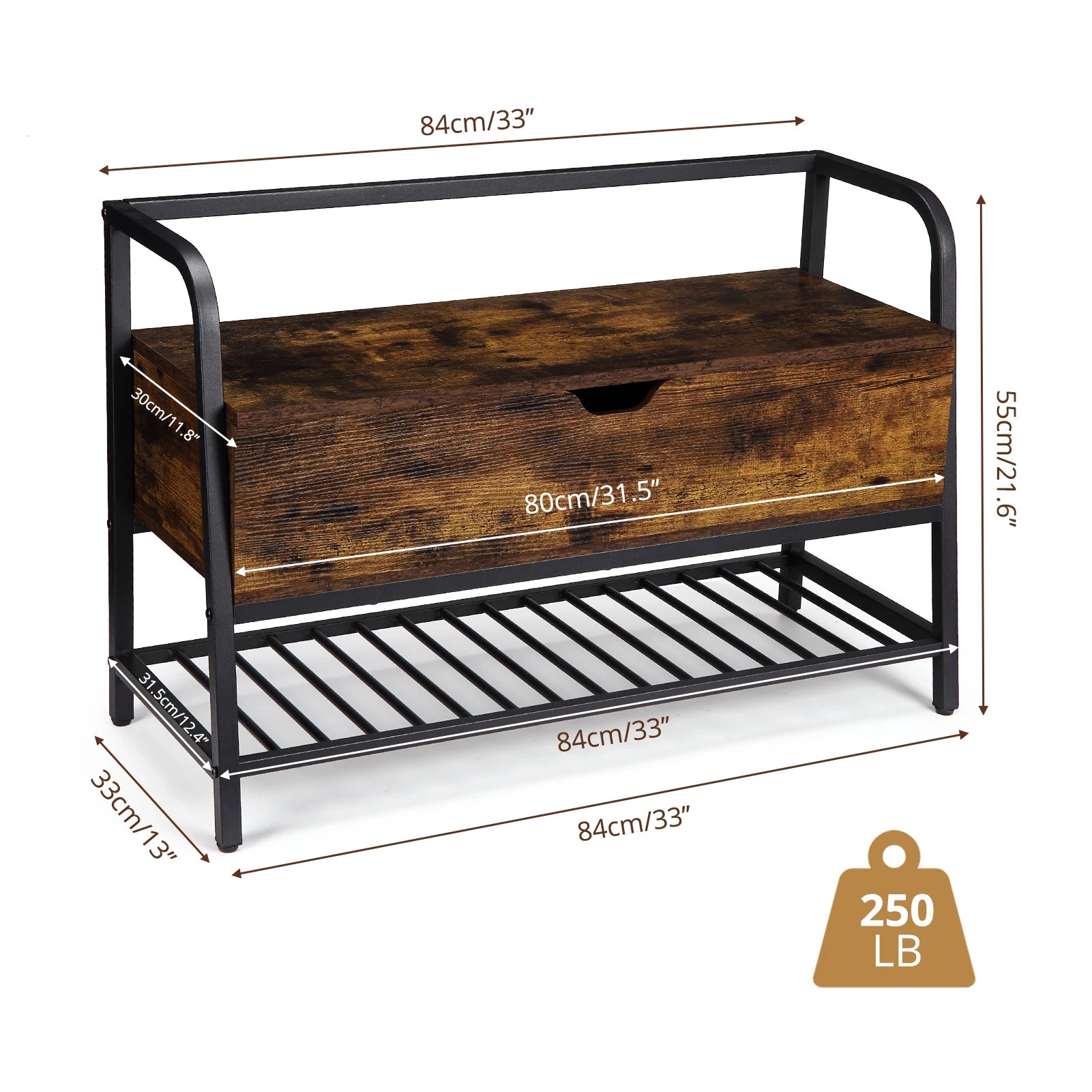 Wooden bench with metal frame and dimensions on a white background