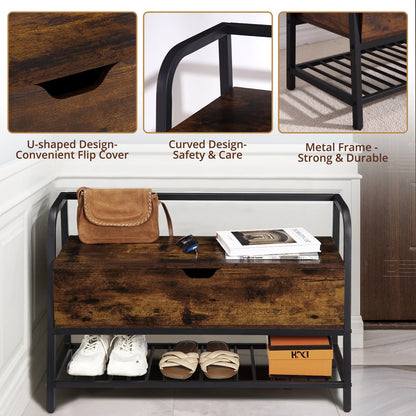 Wooden shoe bench with metal frame, showing U-shaped design, curved safety feature, and durable metal frame.