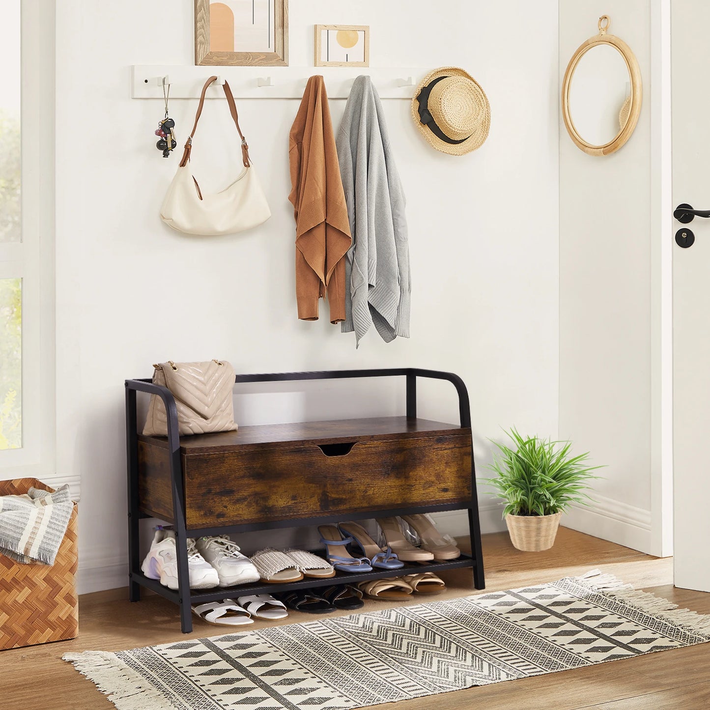 Wooden bench with shoe storage in a home entryway.