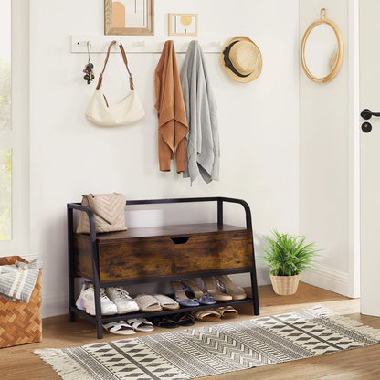 Wooden bench with shoe storage in a home entryway.