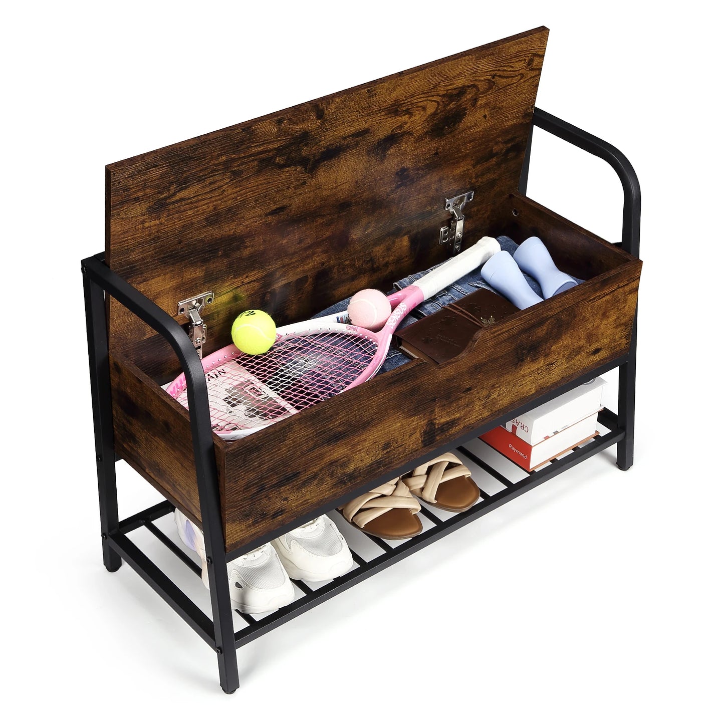 Wooden storage bench with open lid showing shoes and items on a white background
