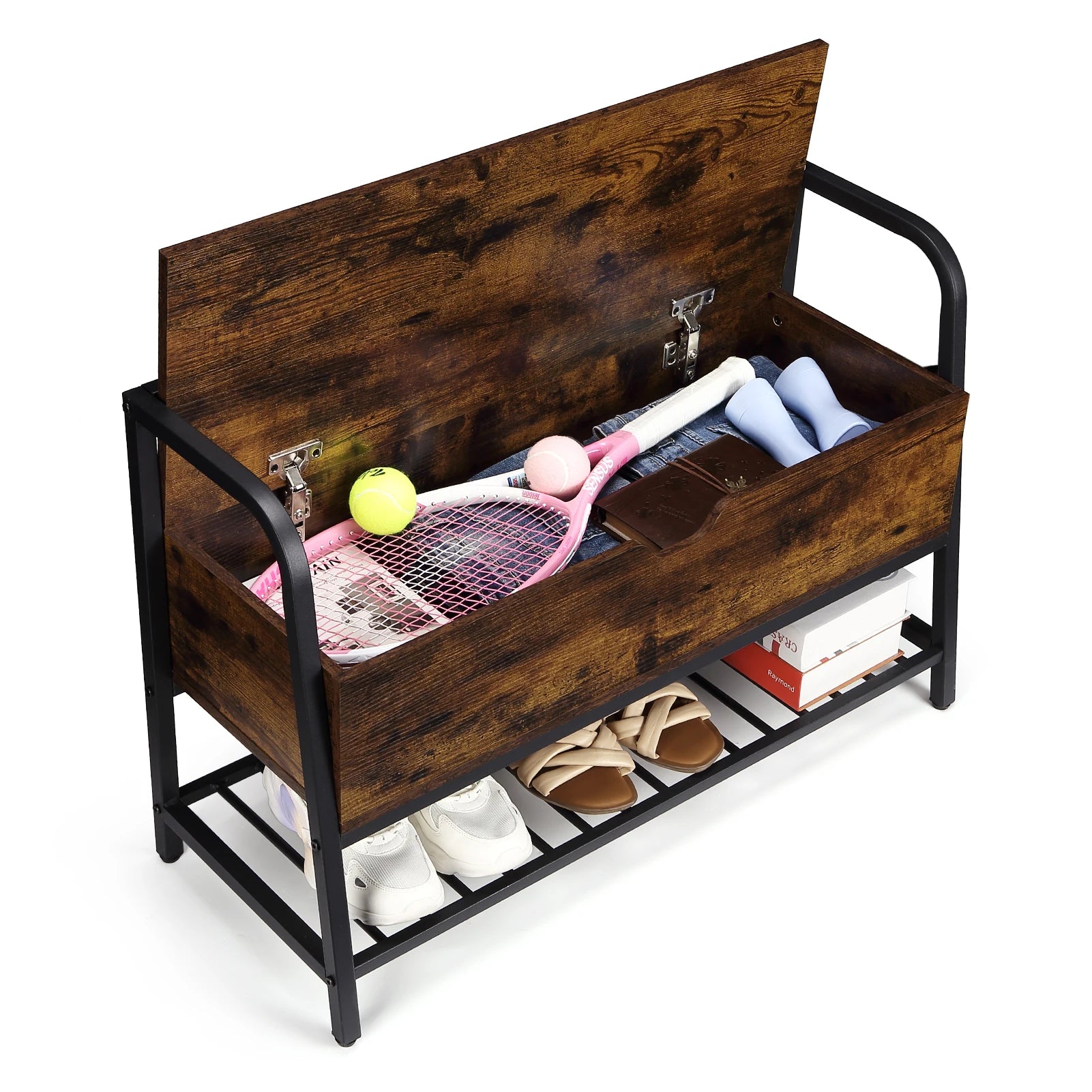 Wooden storage bench with open lid showing shoes and items on a white background