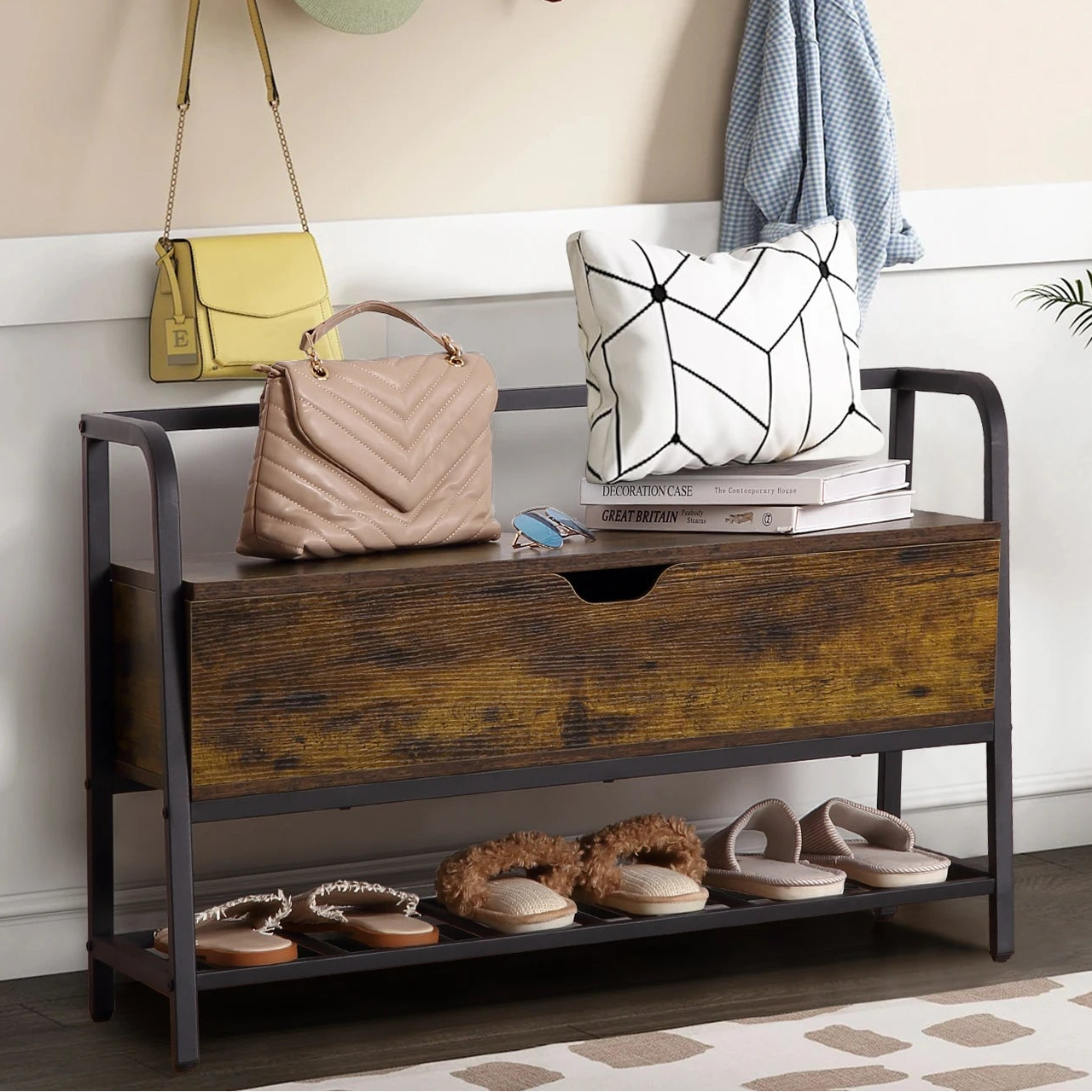 Wooden bench with shoe storage in a room with a plant and wall hooks.