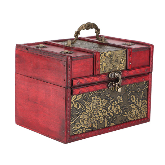 Red wooden box with floral patterns and a brass handle on a white background