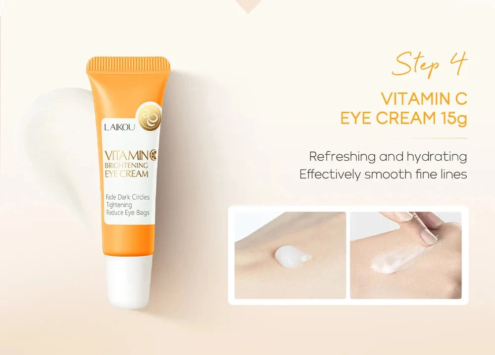 Vitamin C eye cream tube with application instructions on a beige background