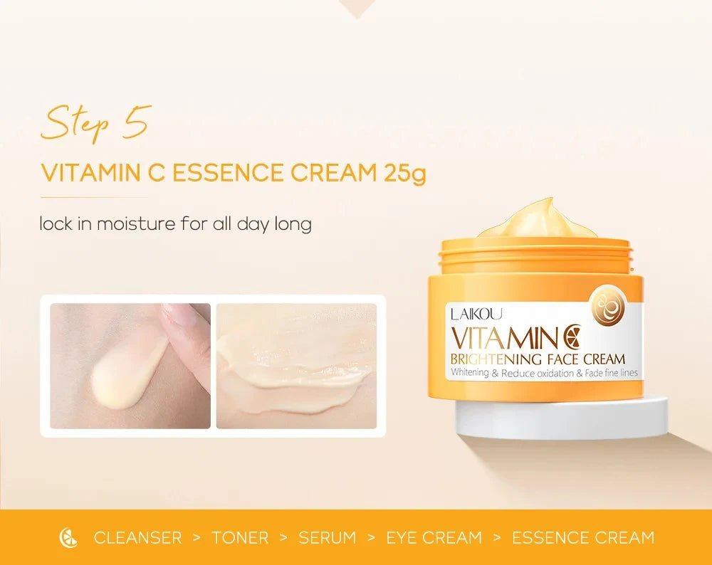 Lakou Vitamin C Brightening Face Cream jar with application instructions on a beige background