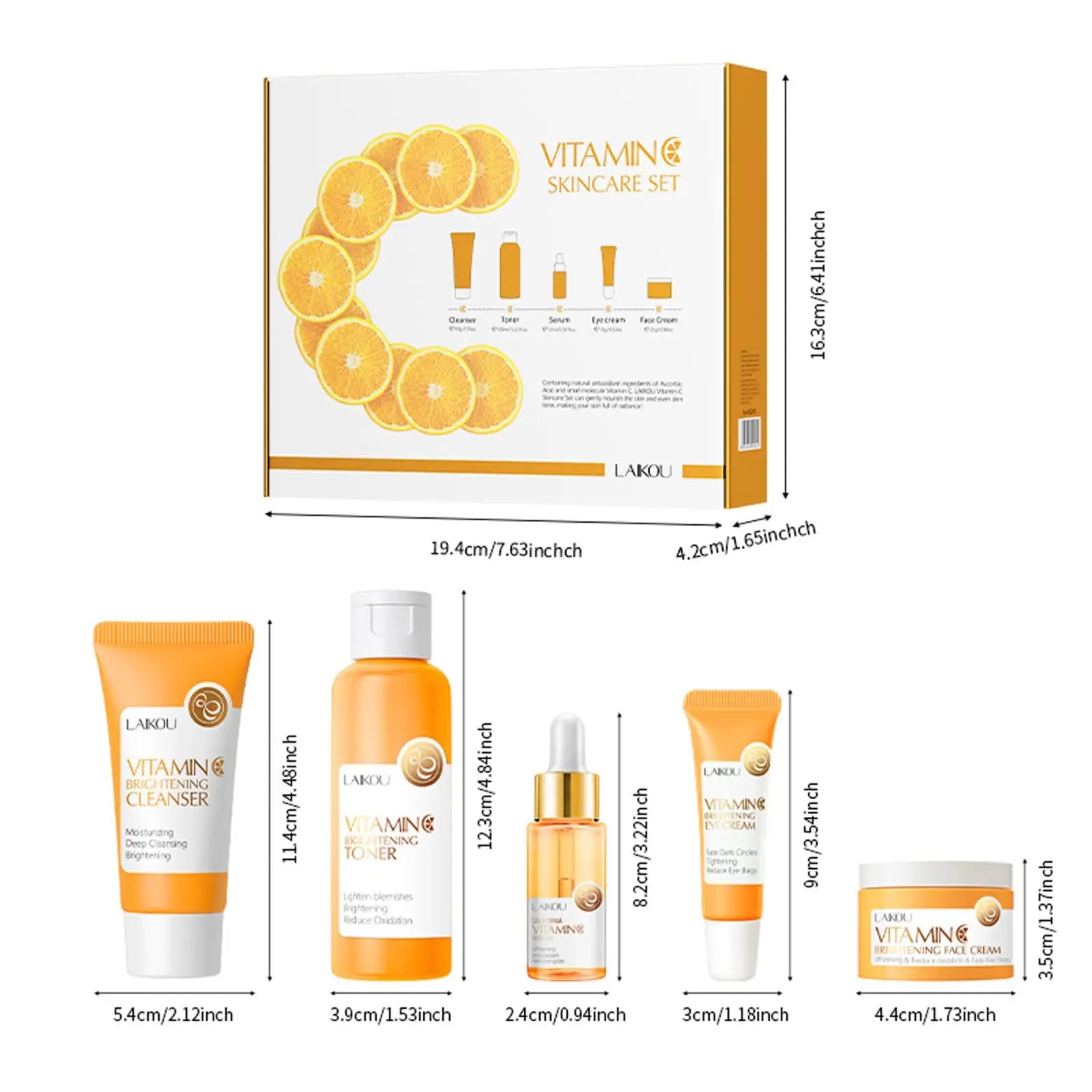 Vitamin C skincare set with packaging, cleanser, serum, and cream on a white background