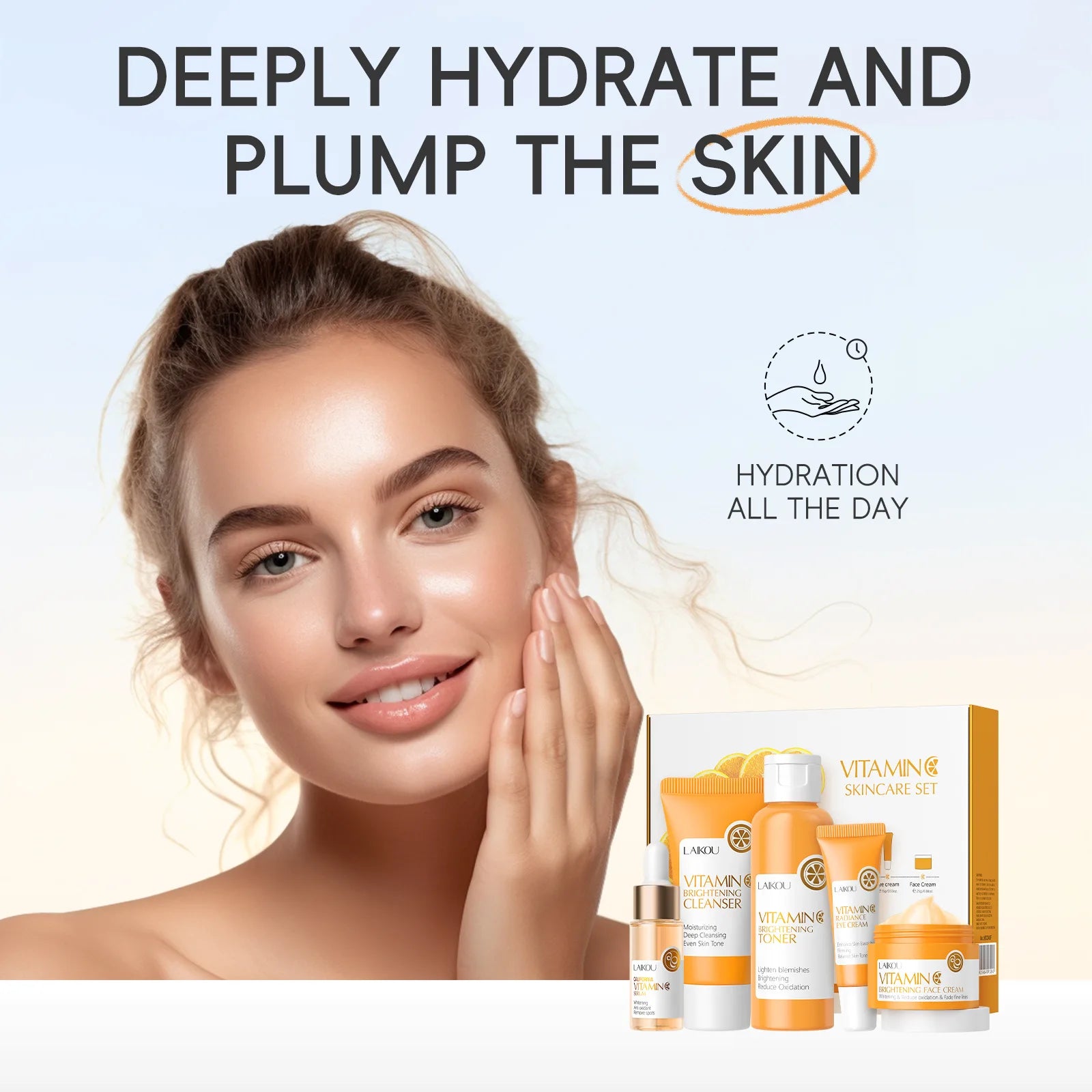 Skincare product set with a model showing hydrated skin, emphasizing hydration.