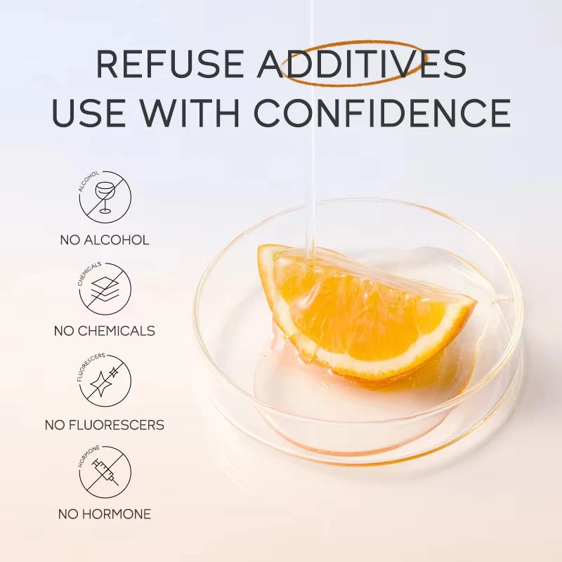 Glass container with lemon slice on a light background, featuring text about refusing additives.