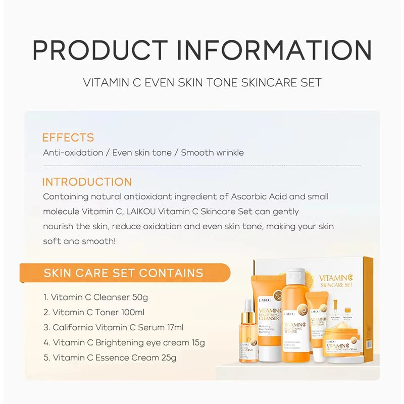 Vitamin C skincare set with products and information on a white background