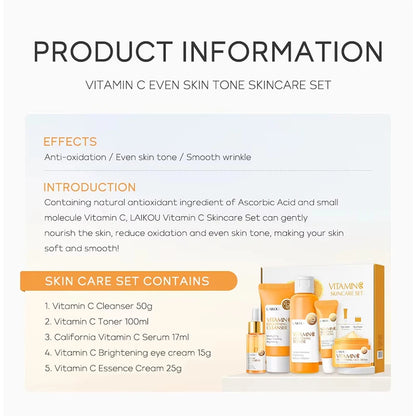 Vitamin C skincare set with products and information on a white background