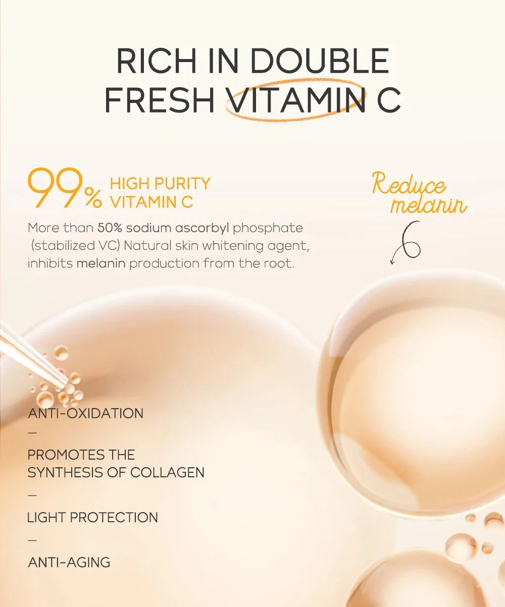Product advertisement highlighting vitamin C with text and visuals on a white background