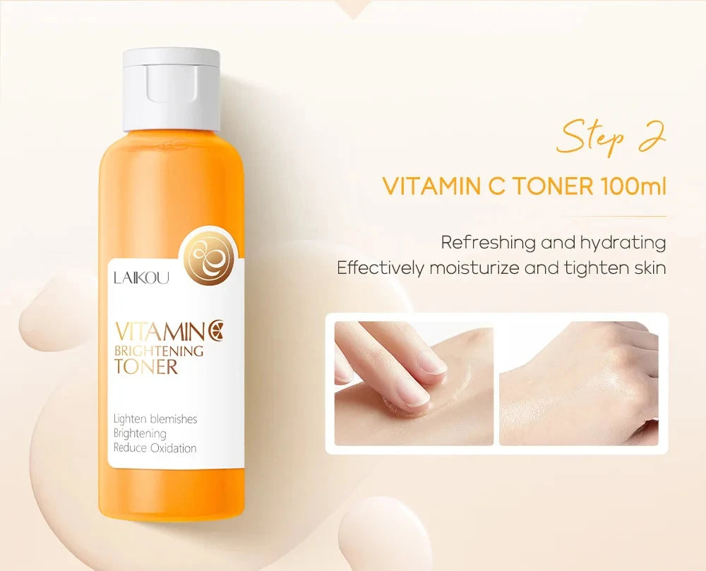 Vitamin C toner bottle with skincare benefits on a beige background