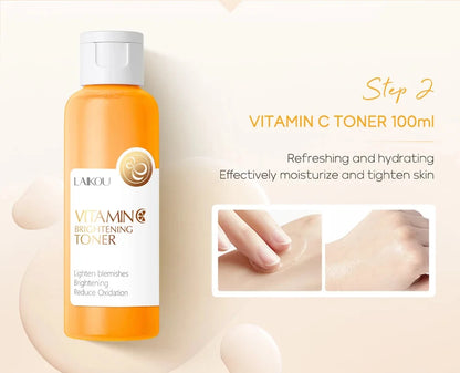 Vitamin C toner bottle with skincare benefits on a beige background