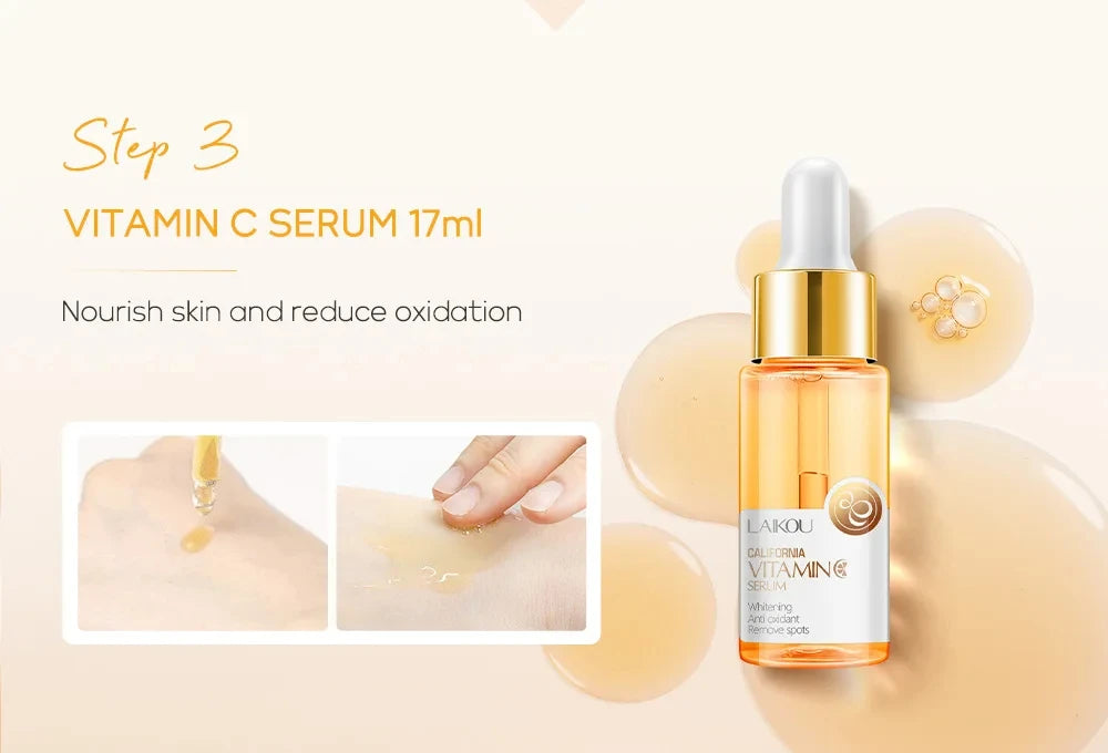 Vitamin C serum bottle with application instructions on a beige background