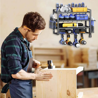 Man working on a wooden project with a wall-mounted tool organizer in the background