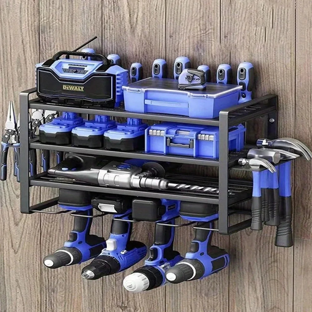 Wall-mounted tool organizer with various tools on a wooden background
