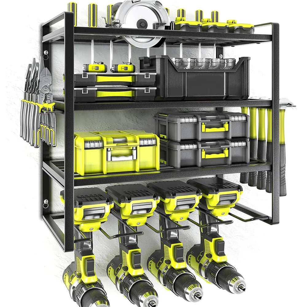 Tool storage rack with various tools and equipment on a white background