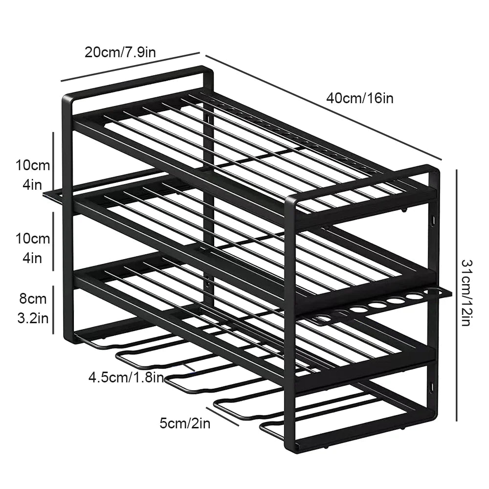 Black shoe rack with dimensions labeled on a white background