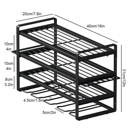 Black shoe rack with dimensions labeled on a white background