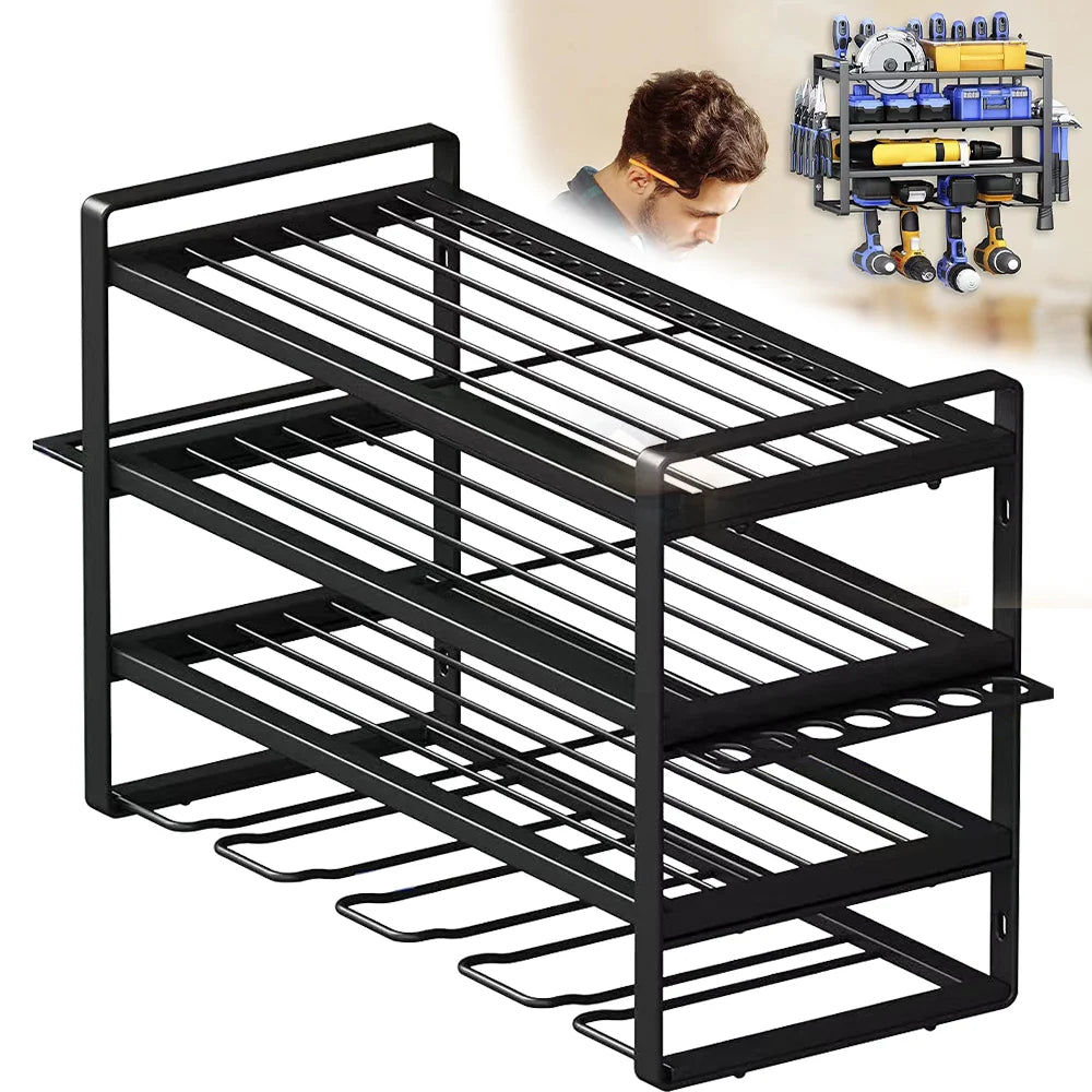Black shoe rack with multiple tiers on a white background