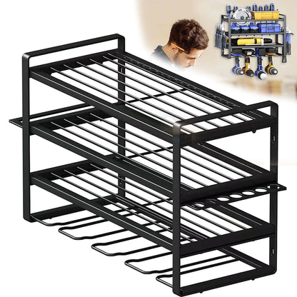 Black shoe rack with multiple tiers on a white background