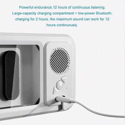 White electronic device with charging cable, text about endurance and charging time.